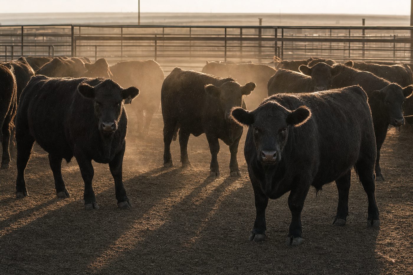 Black cattle standing in a prairie feedlot pen at late afternoon, backlit by low golden light with dust in the air.