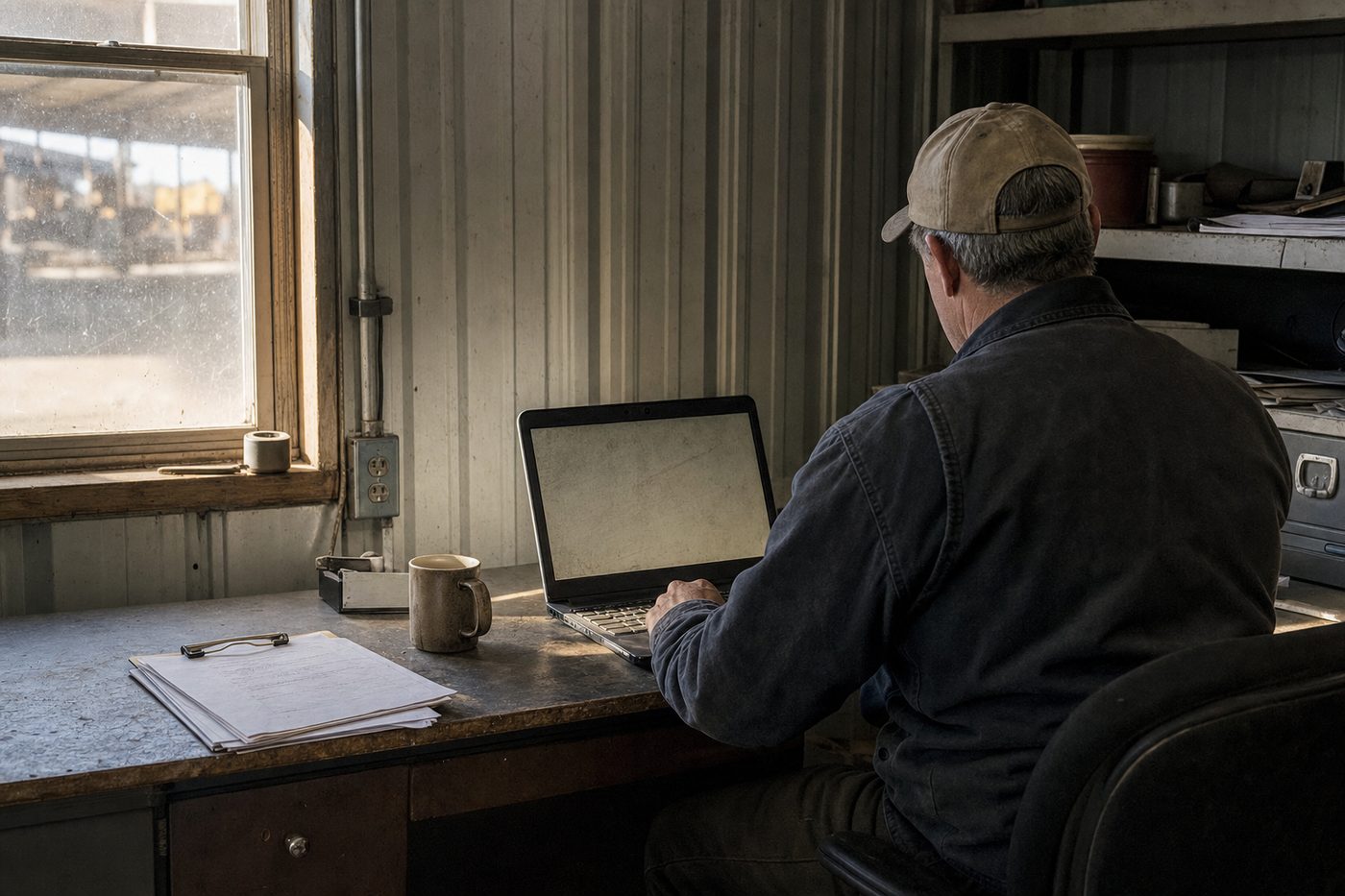 An operator in a work jacket and cap sits at a laminate desk in a farm shop office, working on a laptop beside a clipboard of paper records.
