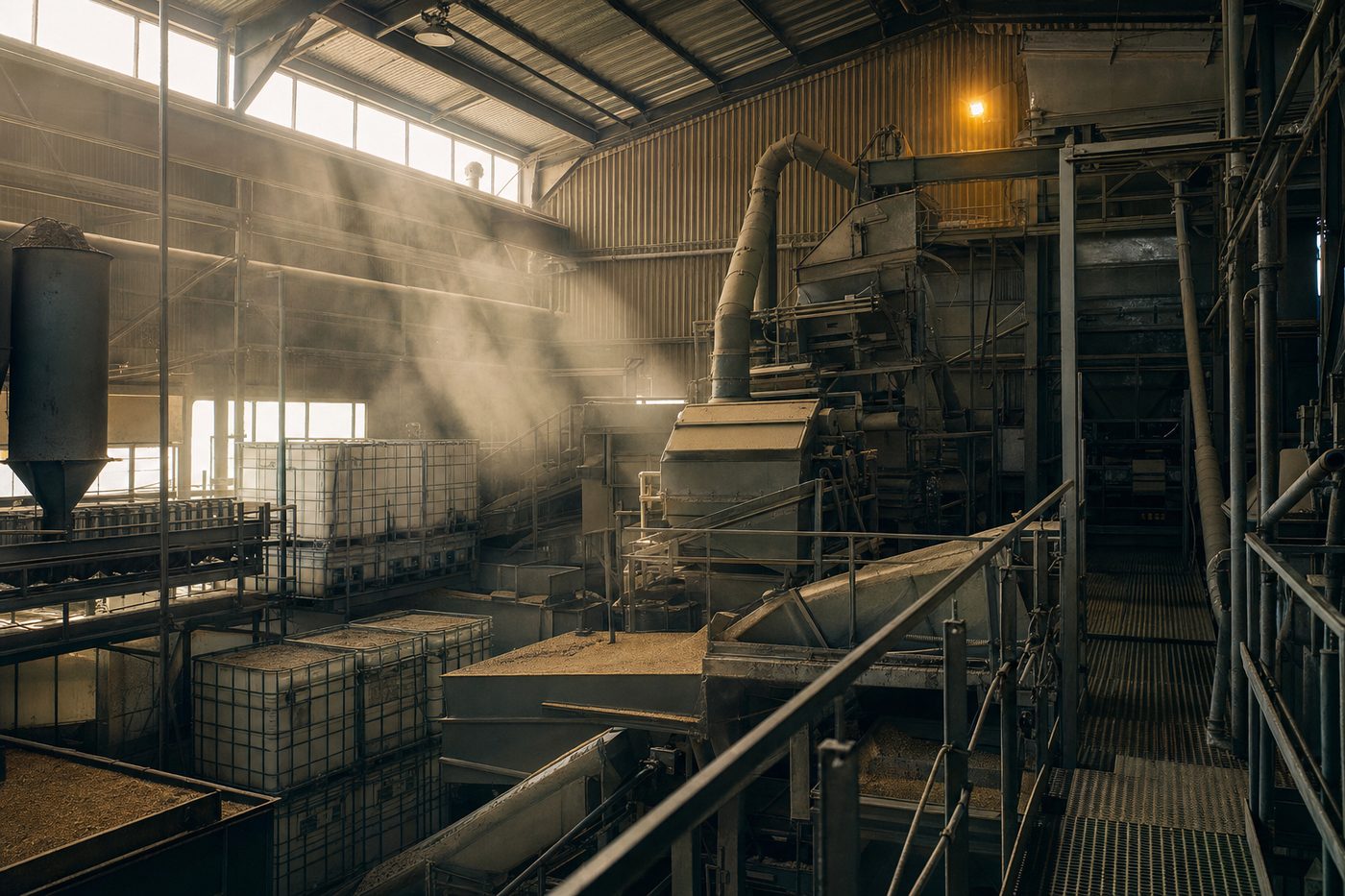 Interior of a prairie seed and pulse processing plant: steel cleaning and grading equipment, conveyors and stacked totes lit by shafts of dusty daylight.
